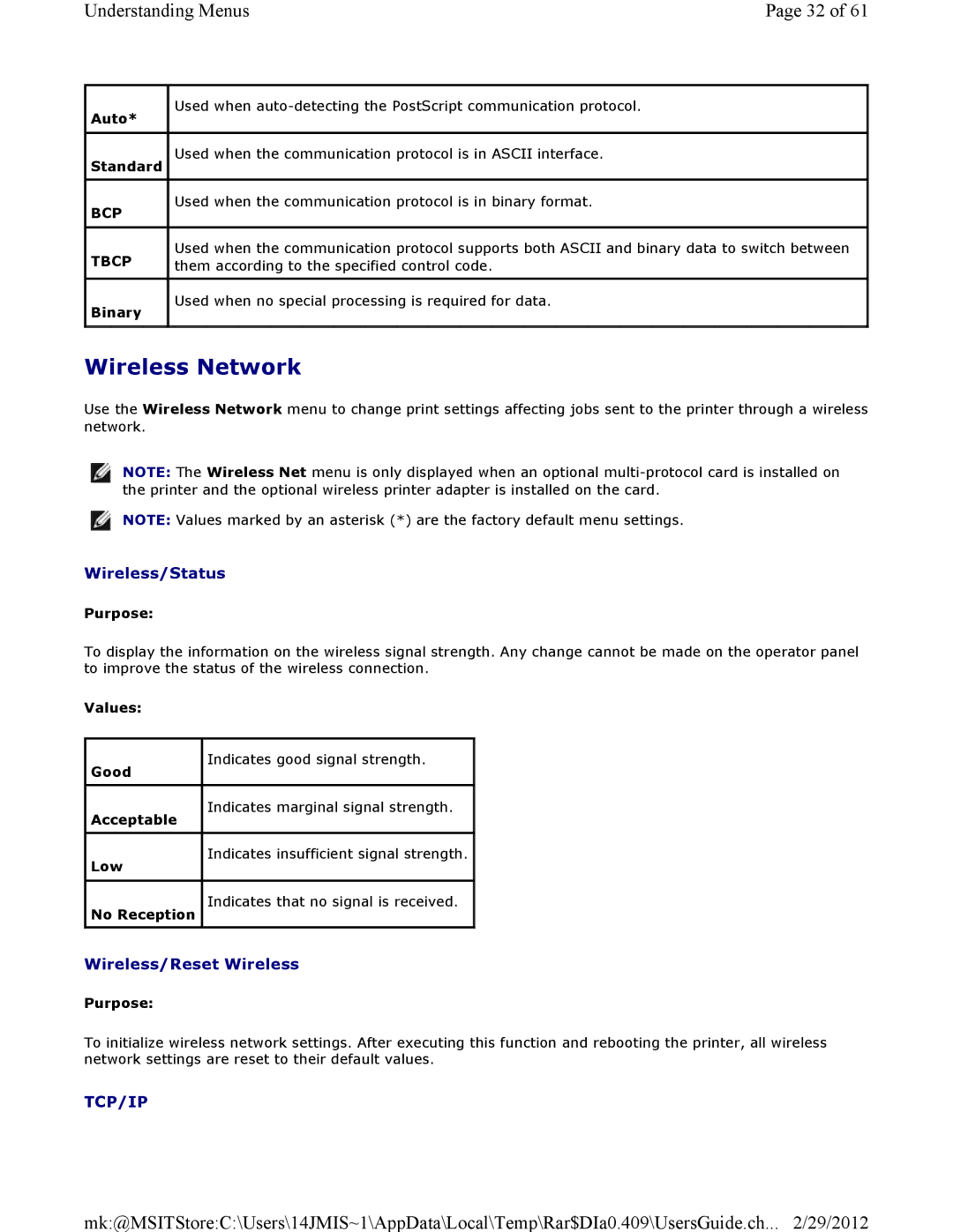 Dell 3115CN manual Wireless Network, Wireless/Status, Wireless/Reset Wireless 