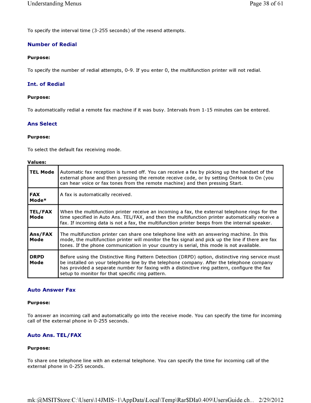 Dell 3115CN manual Number of Redial, Int. of Redial, Ans Select, Auto Answer Fax, Auto Ans. TEL/FAX 