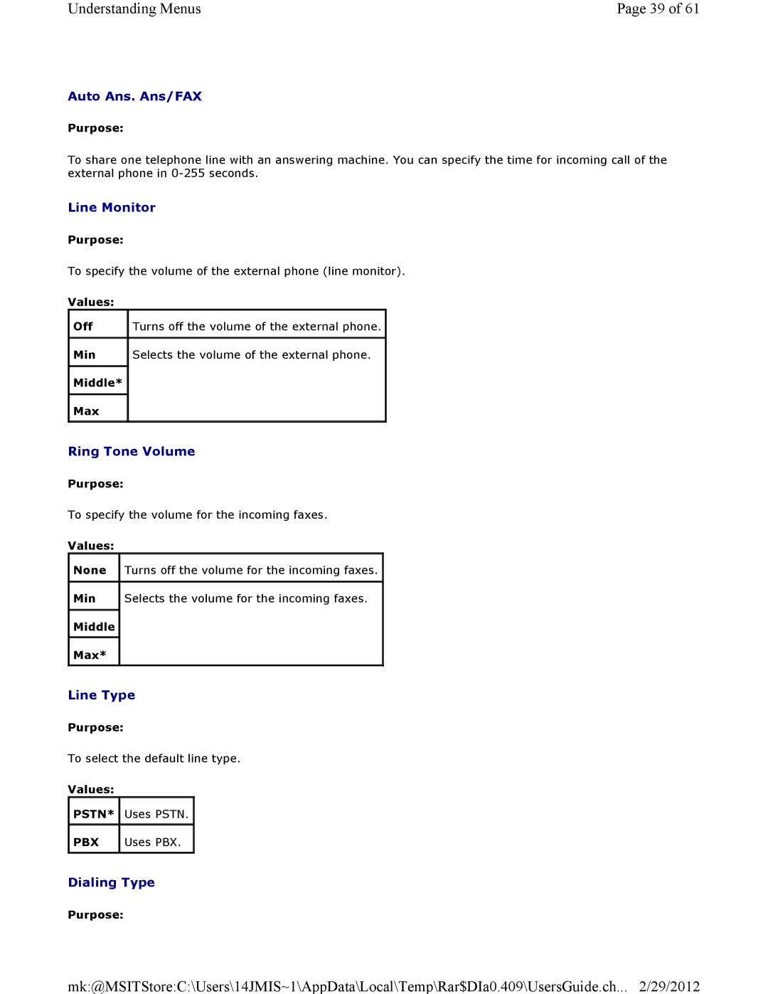 Dell 3115CN manual Auto Ans. Ans/FAX, Line Monitor, Ring Tone Volume, Line Type, Dialing Type 