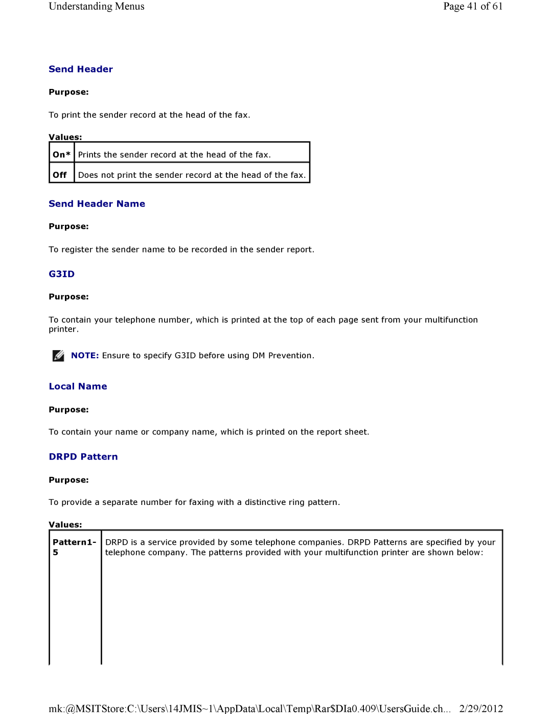 Dell 3115CN manual Send Header Name, Local Name, Drpd Pattern 