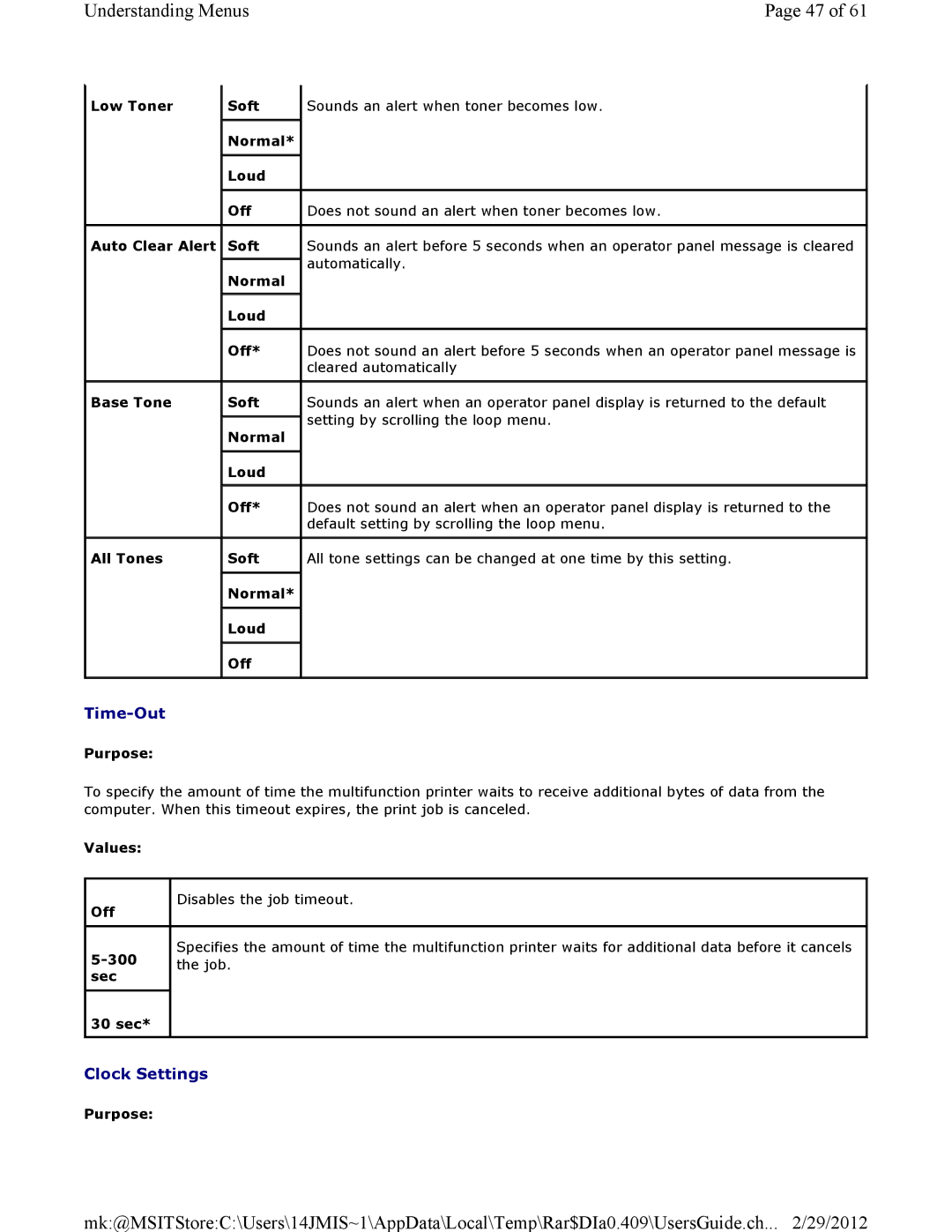 Dell 3115CN manual Time-Out, Clock Settings 