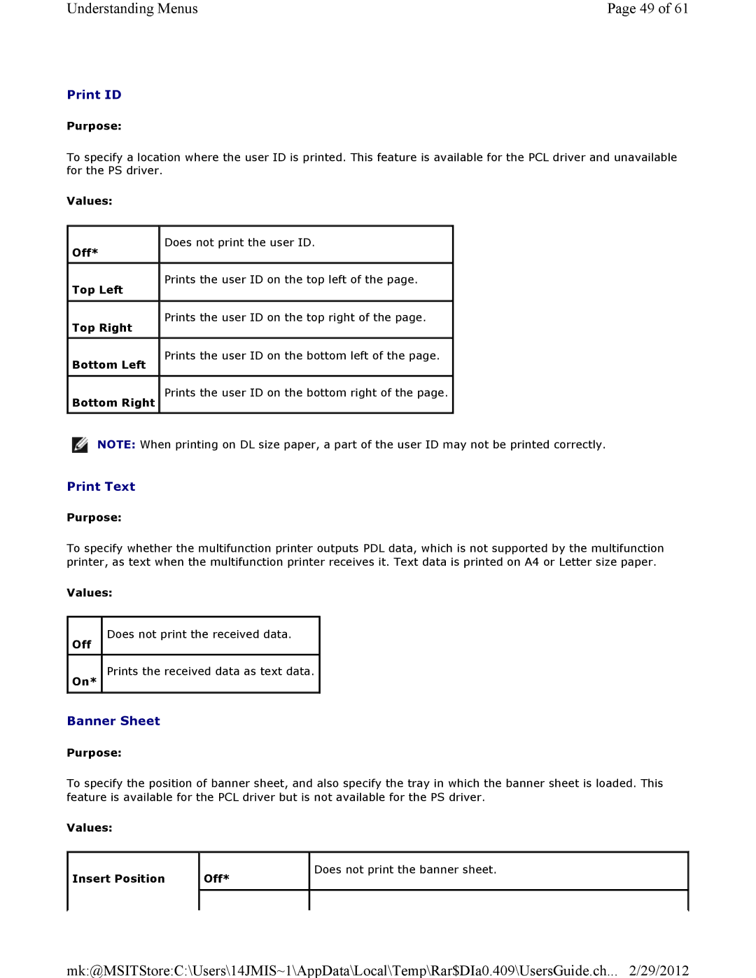 Dell 3115CN manual Print ID, Print Text, Banner Sheet 