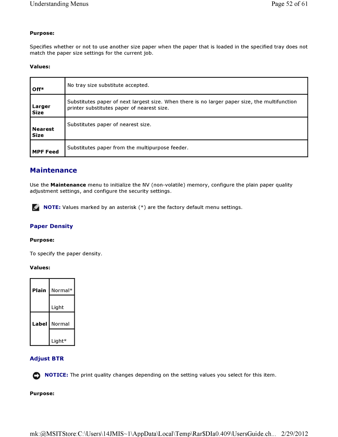 Dell 3115CN manual Paper Density, Adjust BTR 