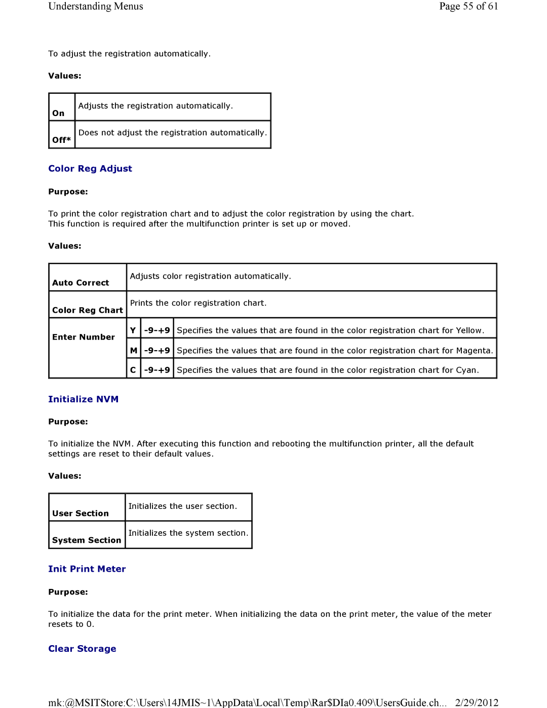 Dell 3115CN manual Color Reg Adjust, Init Print Meter, Clear Storage 