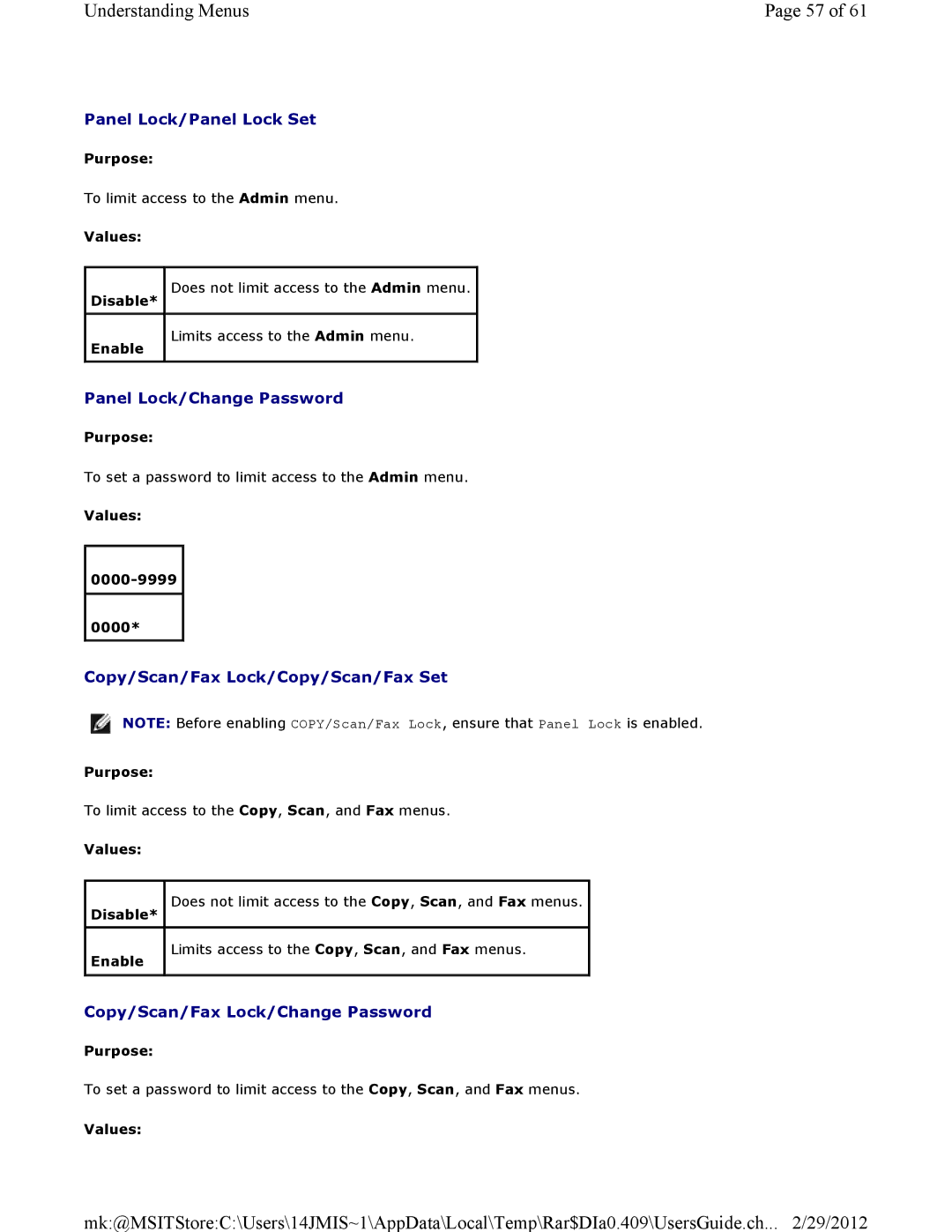 Dell 3115CN manual Panel Lock/Panel Lock Set, Panel Lock/Change Password, Copy/Scan/Fax Lock/Copy/Scan/Fax Set 