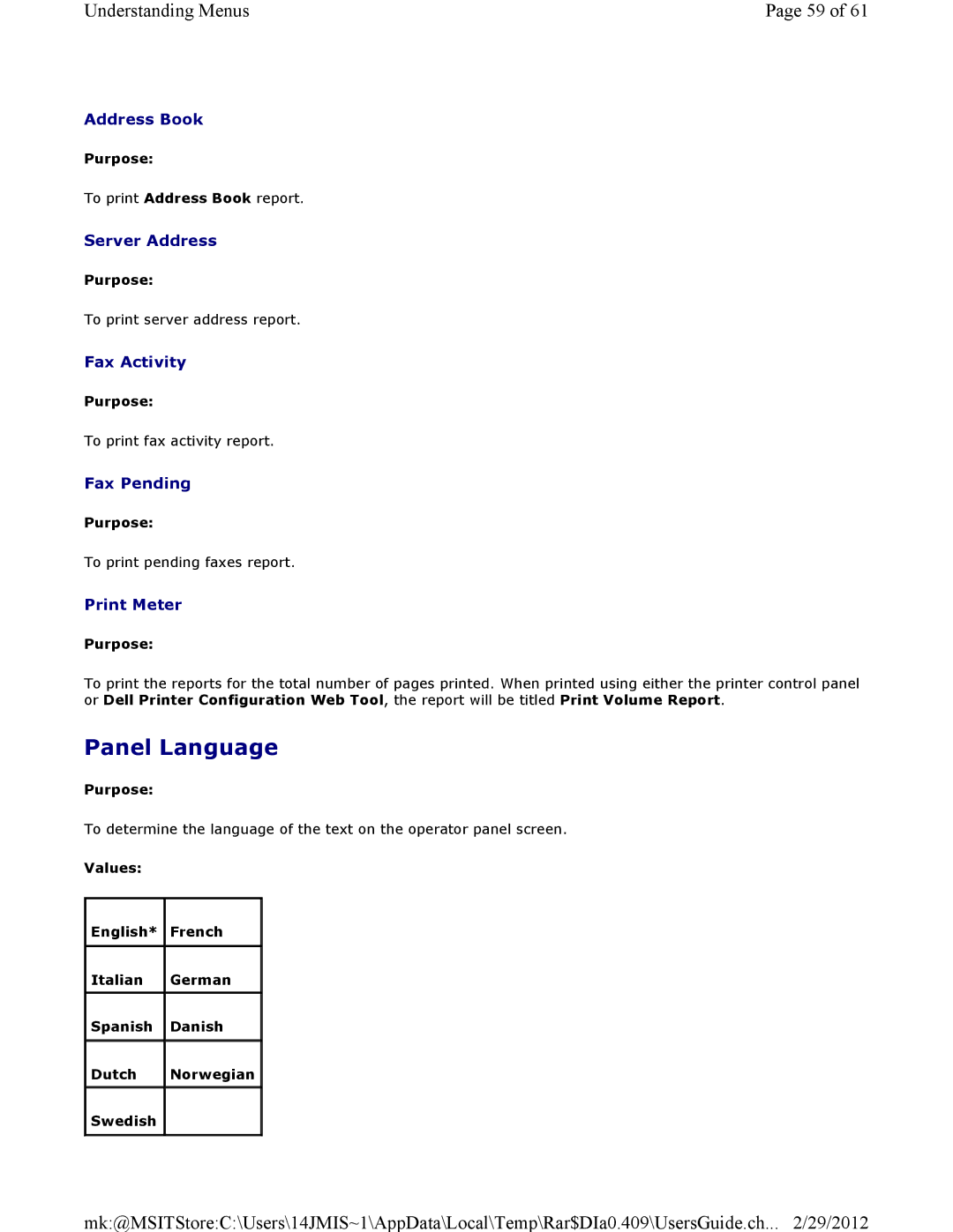 Dell 3115CN manual Panel Language, Address Book, Server Address, Fax Pending, Print Meter 