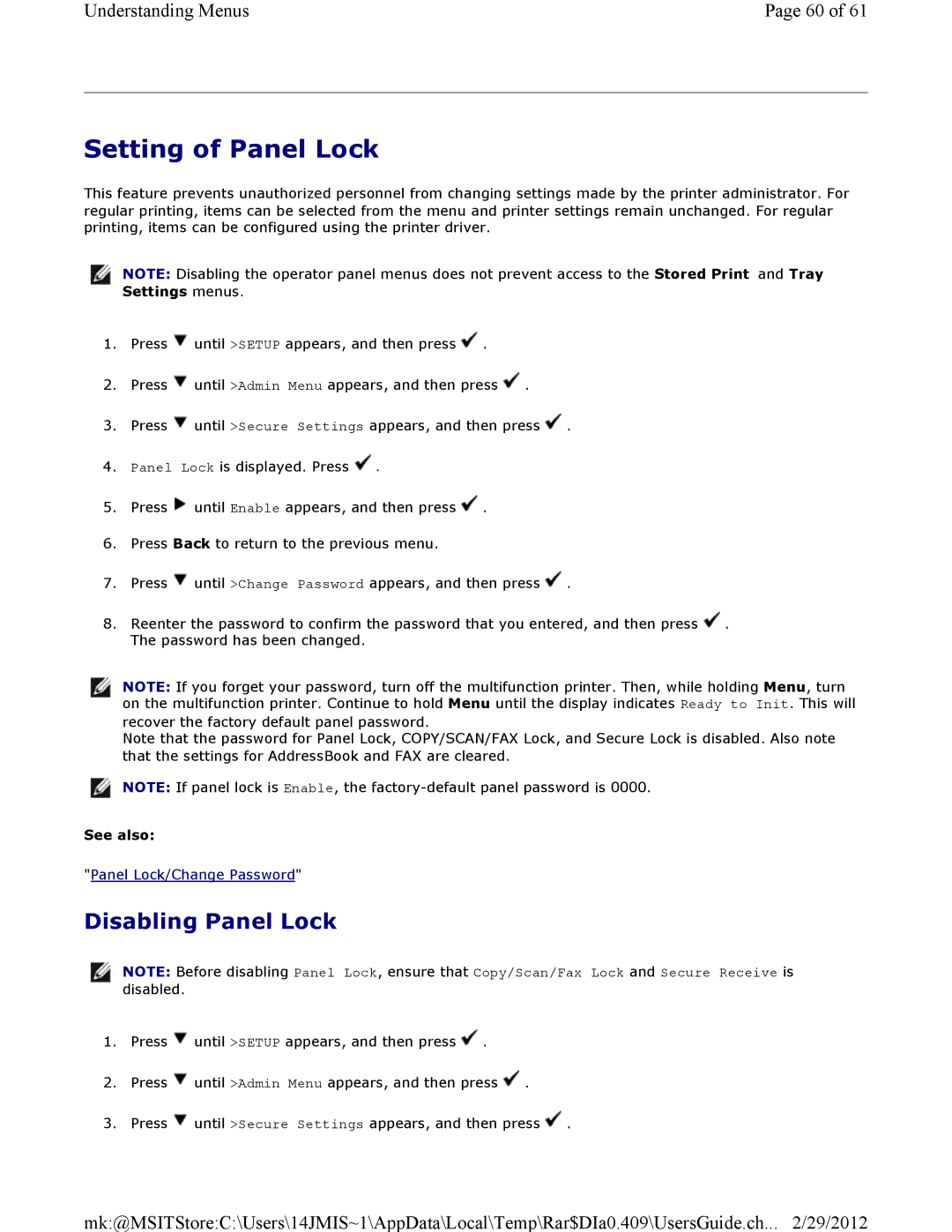 Dell 3115CN manual Setting of Panel Lock, Disabling Panel Lock 