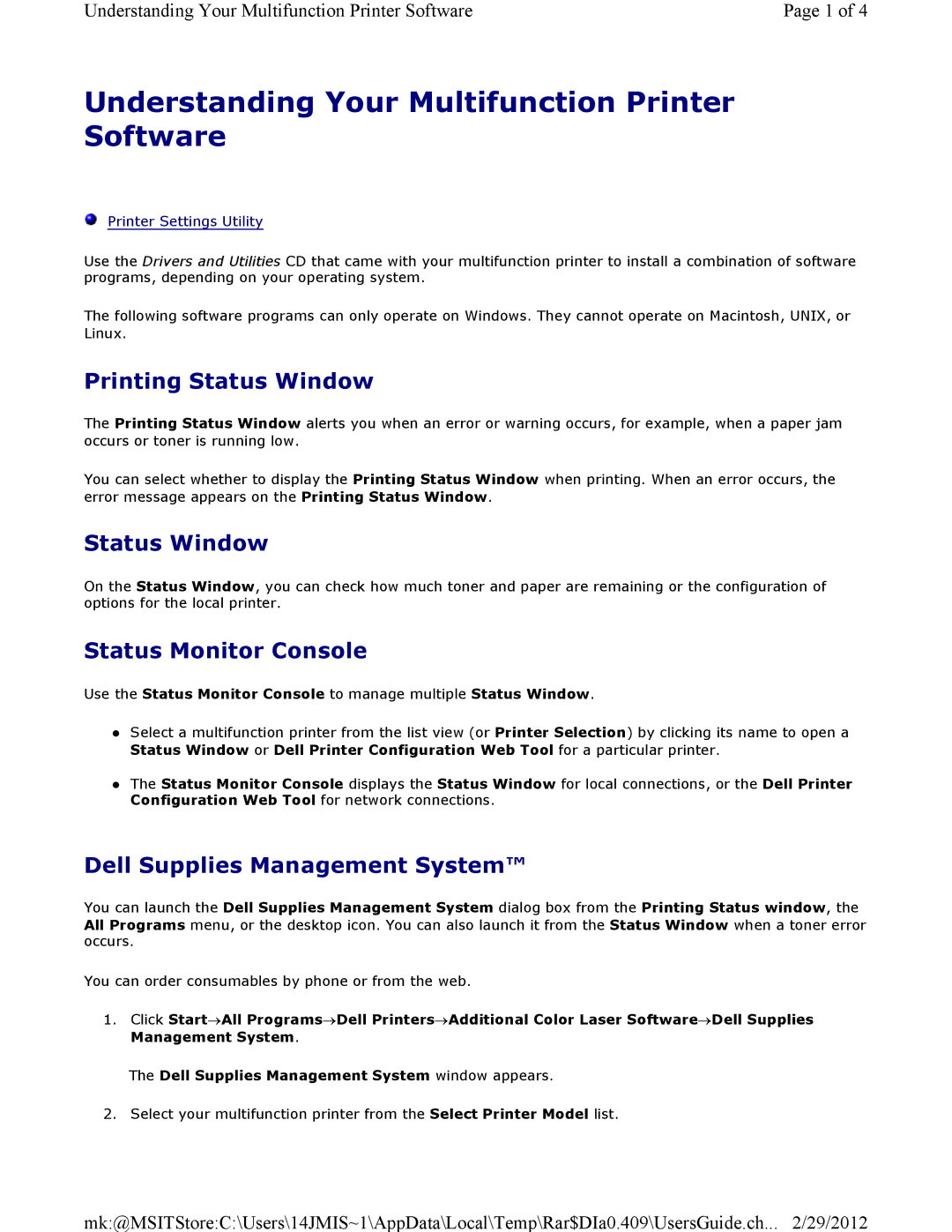 Dell 3115CN manual Understanding Your Multifunction Printer Software, Printing Status Window, Status Monitor Console 