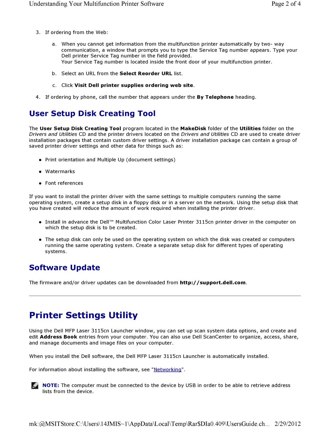 Dell 3115CN manual Printer Settings Utility, User Setup Disk Creating Tool, Software Update 