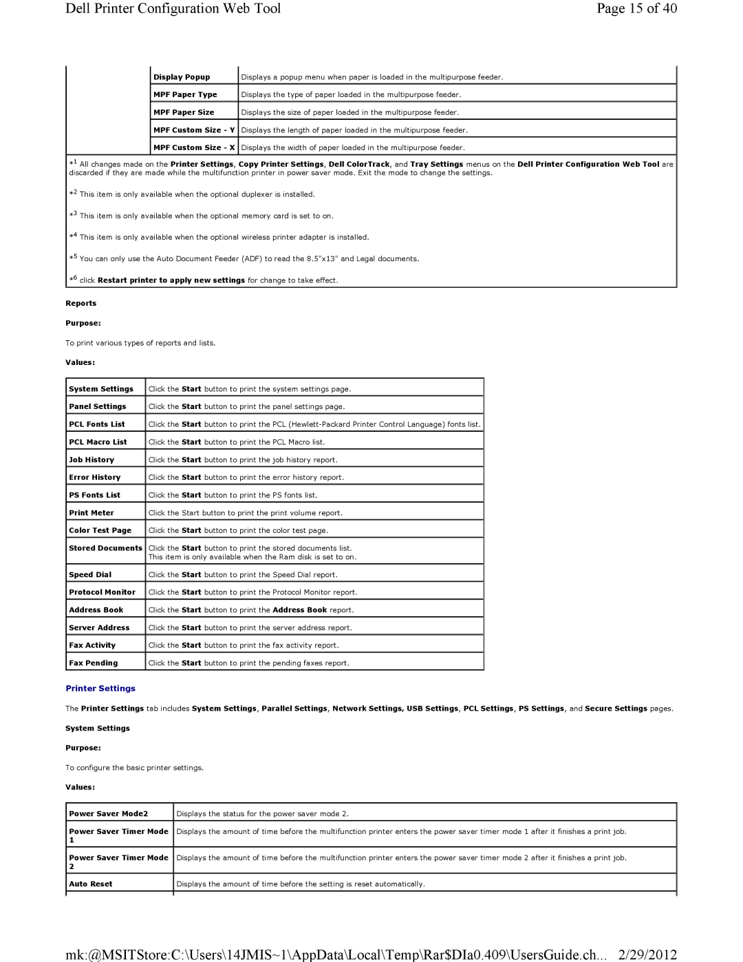 Dell 3115CN manual Printer Settings 