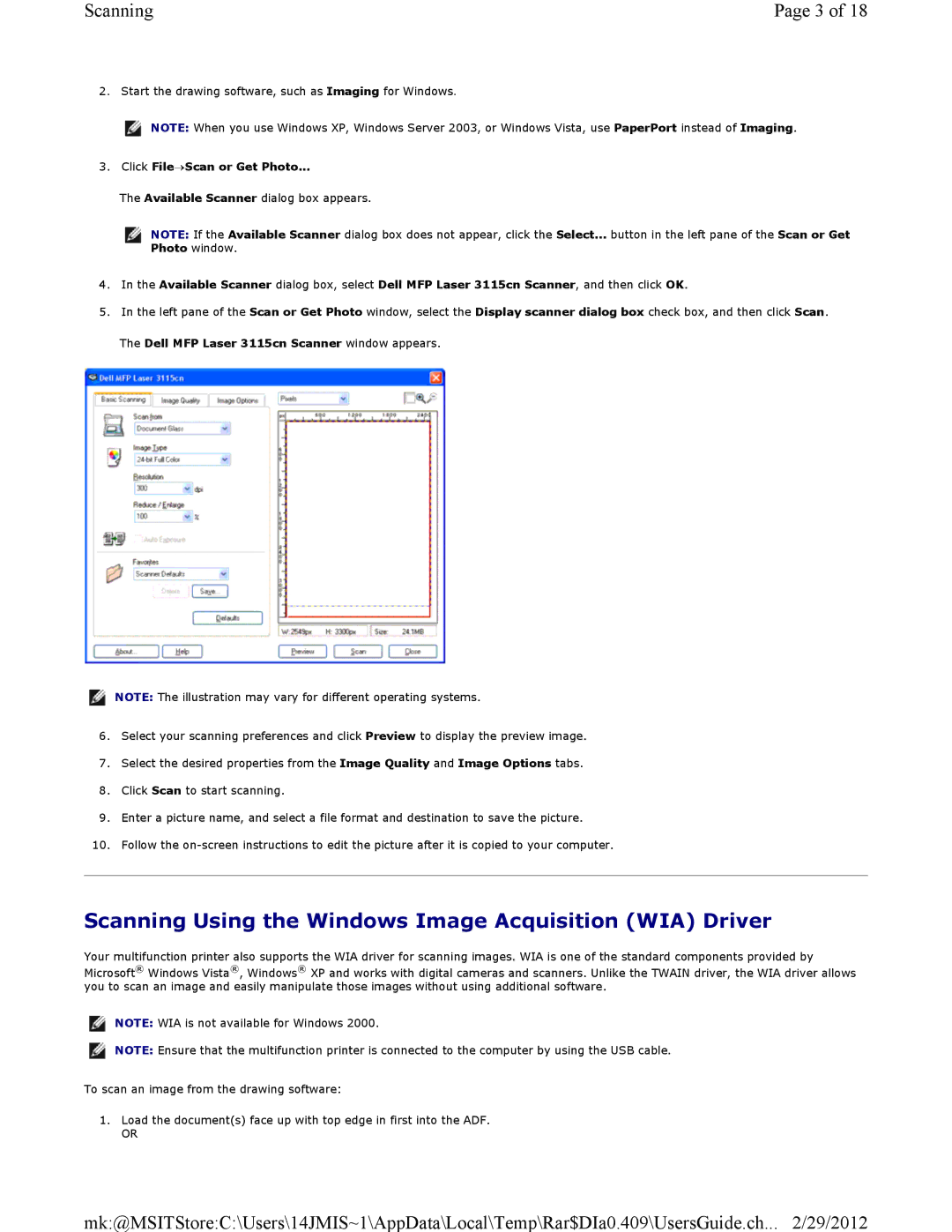 Dell 3115CN manual Scanning Using the Windows Image Acquisition WIA Driver 