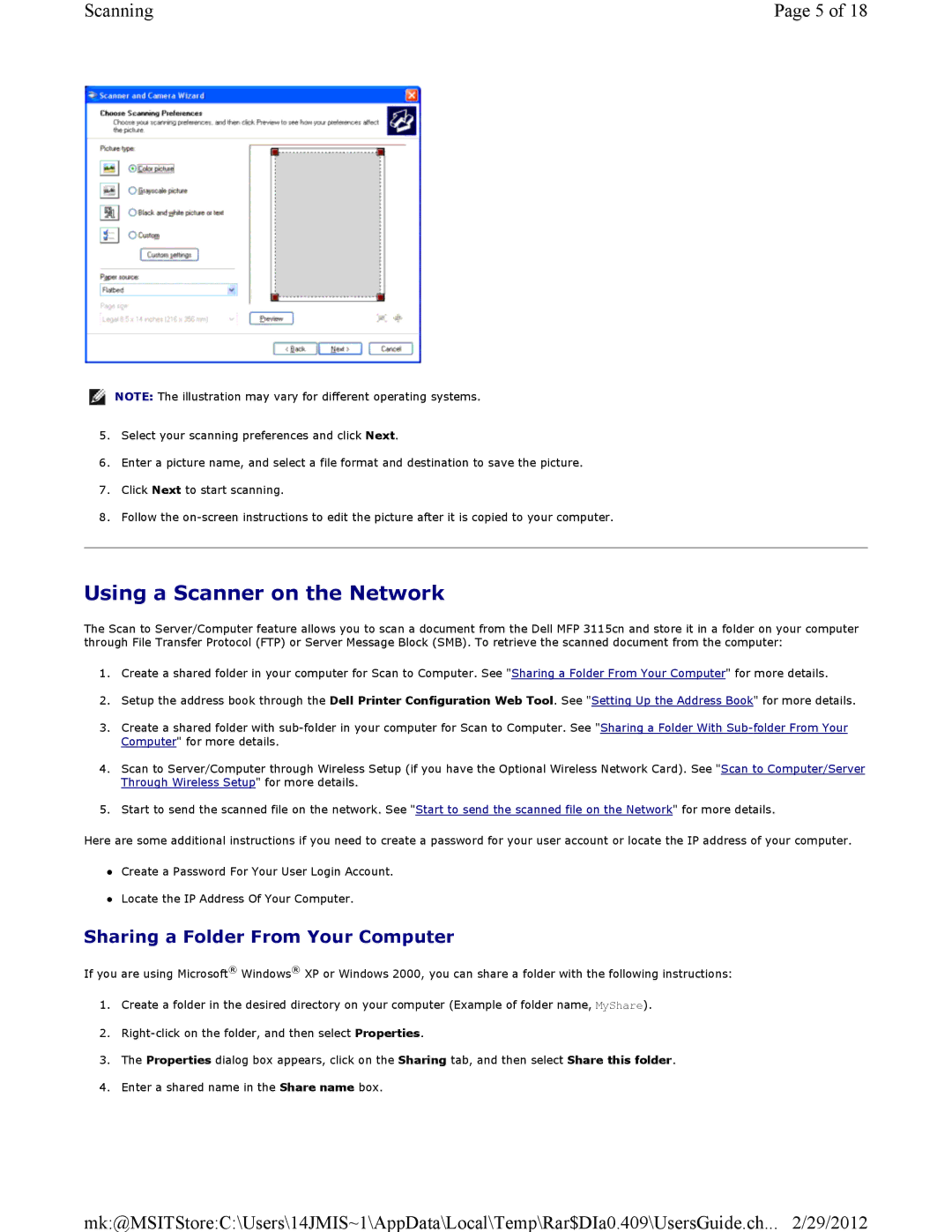 Dell 3115CN manual Using a Scanner on the Network, Sharing a Folder From Your Computer 