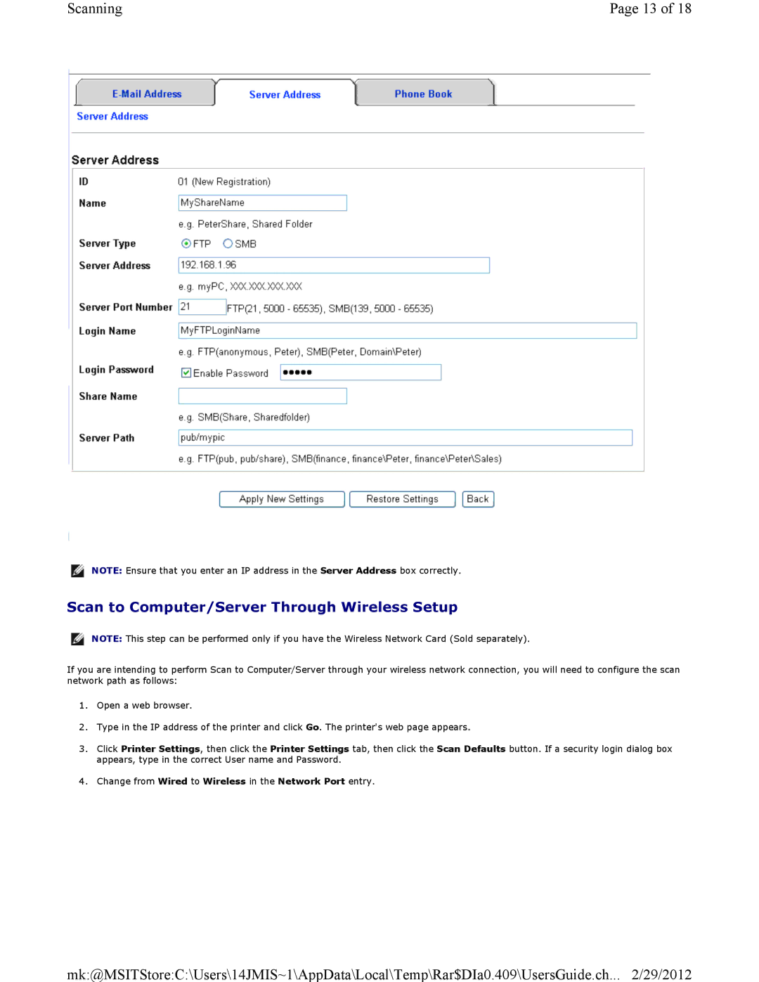 Dell 3115CN manual Scan to Computer/Server Through Wireless Setup 