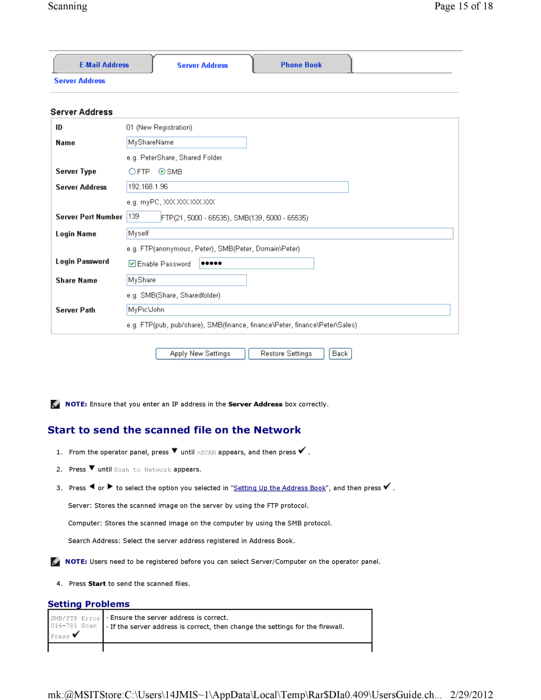 Dell 3115CN manual Start to send the scanned file on the Network, Setting Problems 