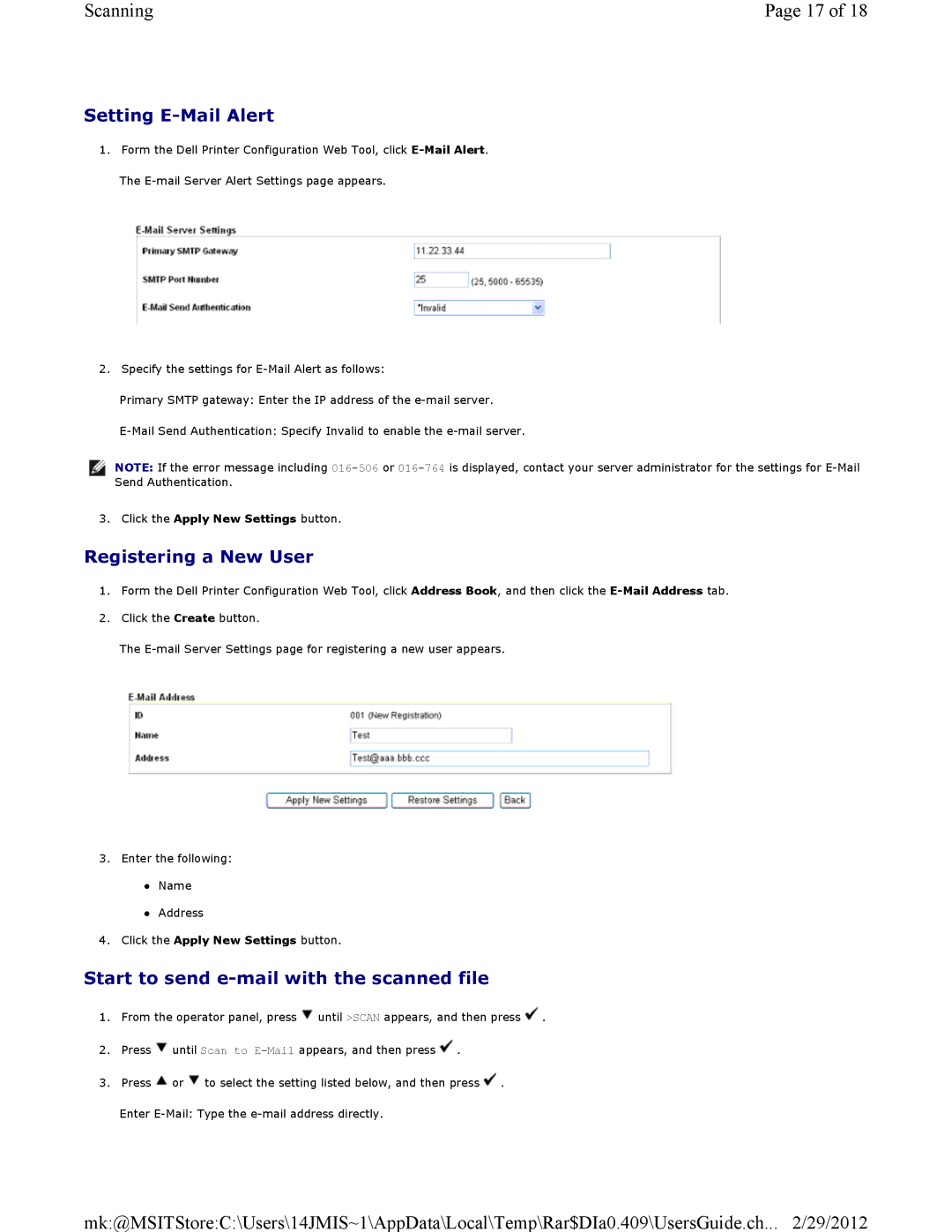 Dell 3115CN manual Setting E-Mail Alert, Registering a New User, Start to send e-mail with the scanned file 