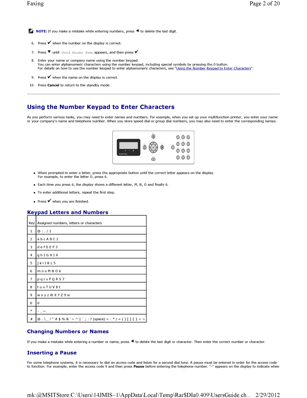 Dell 3115CN manual Using the Number Keypad to Enter Characters, Keypad Letters and Numbers, Changing Numbers or Names 