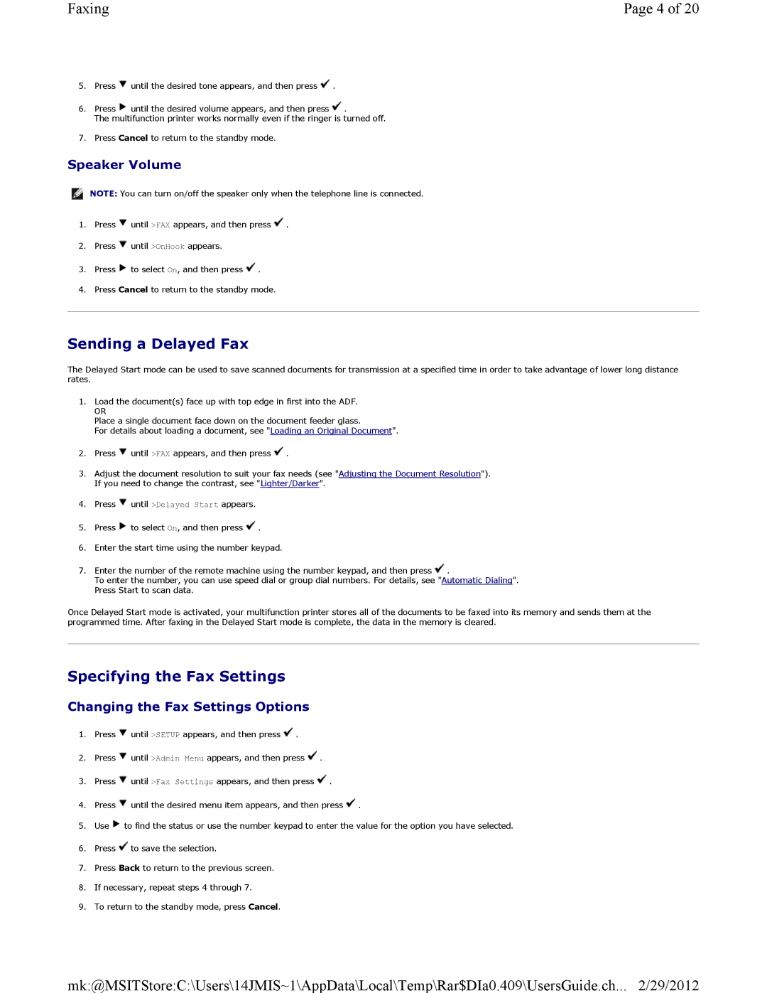 Dell 3115CN manual Sending a Delayed Fax, Specifying the Fax Settings, Speaker Volume, Changing the Fax Settings Options 