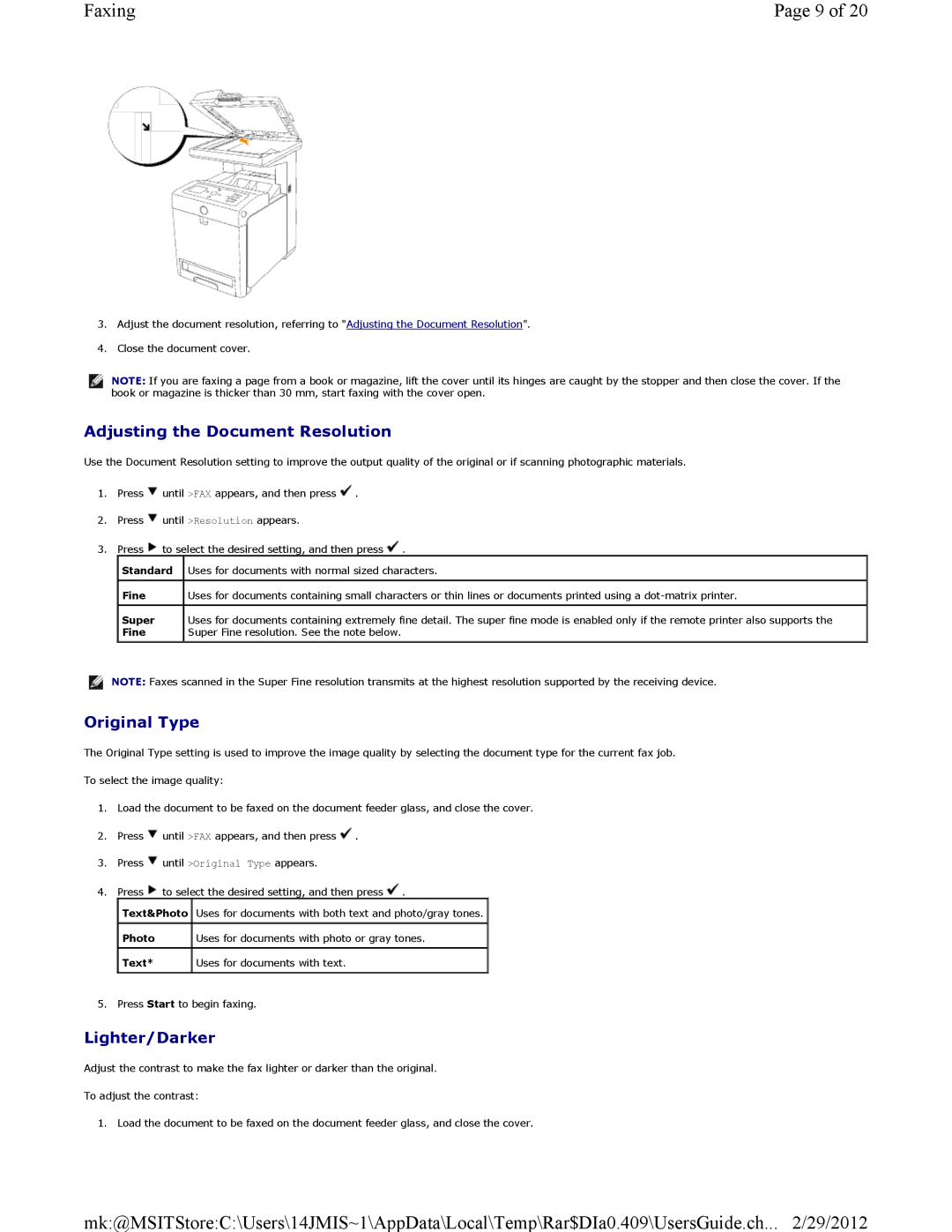 Dell 3115CN manual Adjusting the Document Resolution, Original Type, Lighter/Darker 