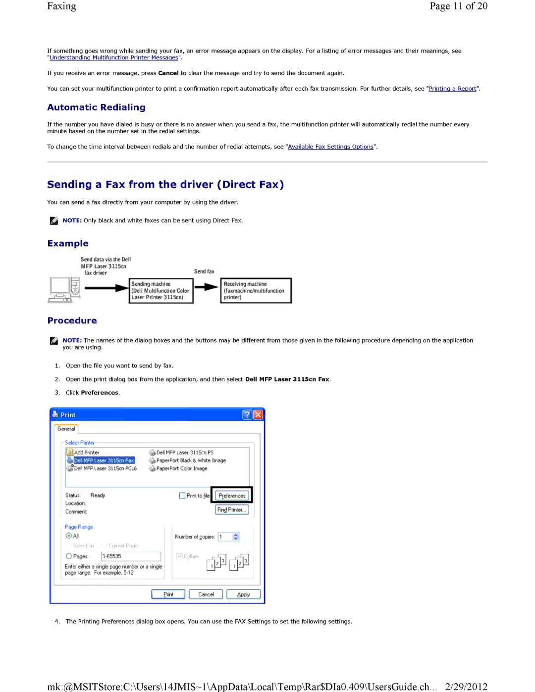 Dell 3115CN manual Sending a Fax from the driver Direct Fax, Automatic Redialing, Example Procedure 