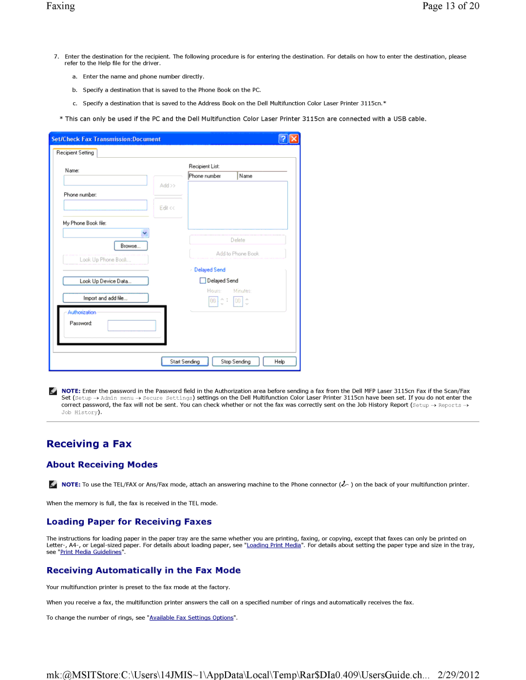 Dell 3115CN manual Receiving a Fax, About Receiving Modes, Loading Paper for Receiving Faxes 