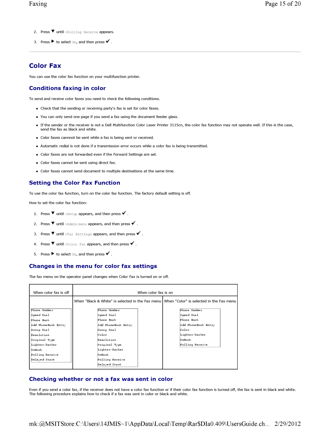 Dell 3115CN Conditions faxing in color, Setting the Color Fax Function, Changes in the menu for color fax settings 