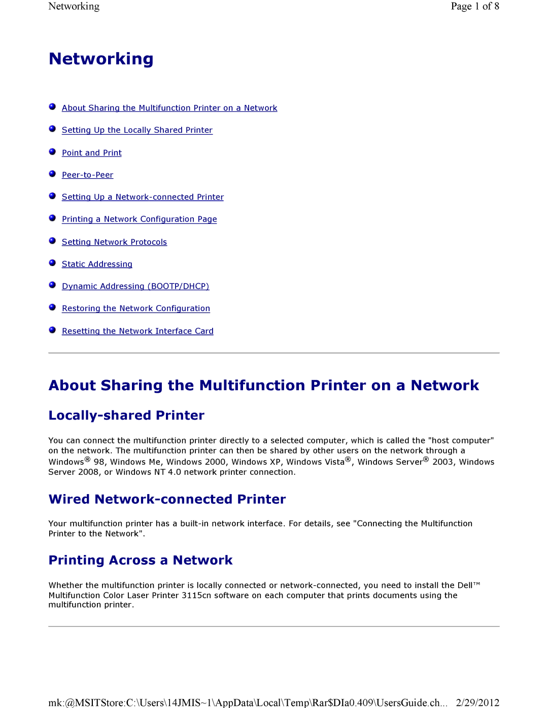 Dell 3115CN manual Networking, About Sharing the Multifunction Printer on a Network, Locally-shared Printer 