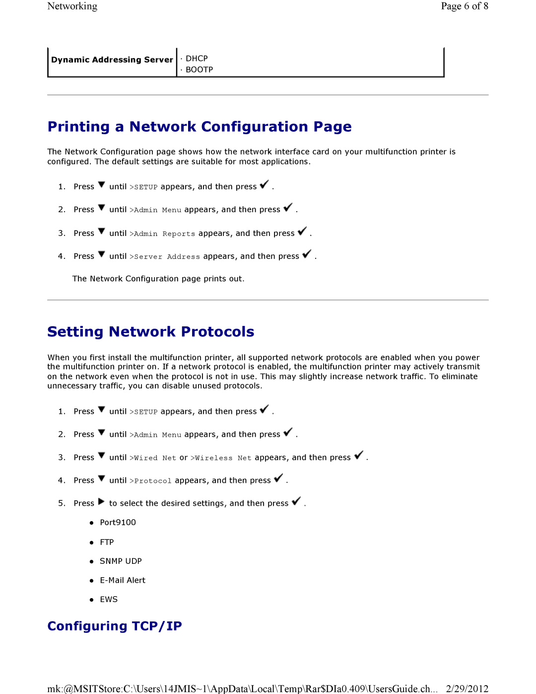 Dell 3115CN manual Printing a Network Configuration, Setting Network Protocols, Configuring TCP/IP 