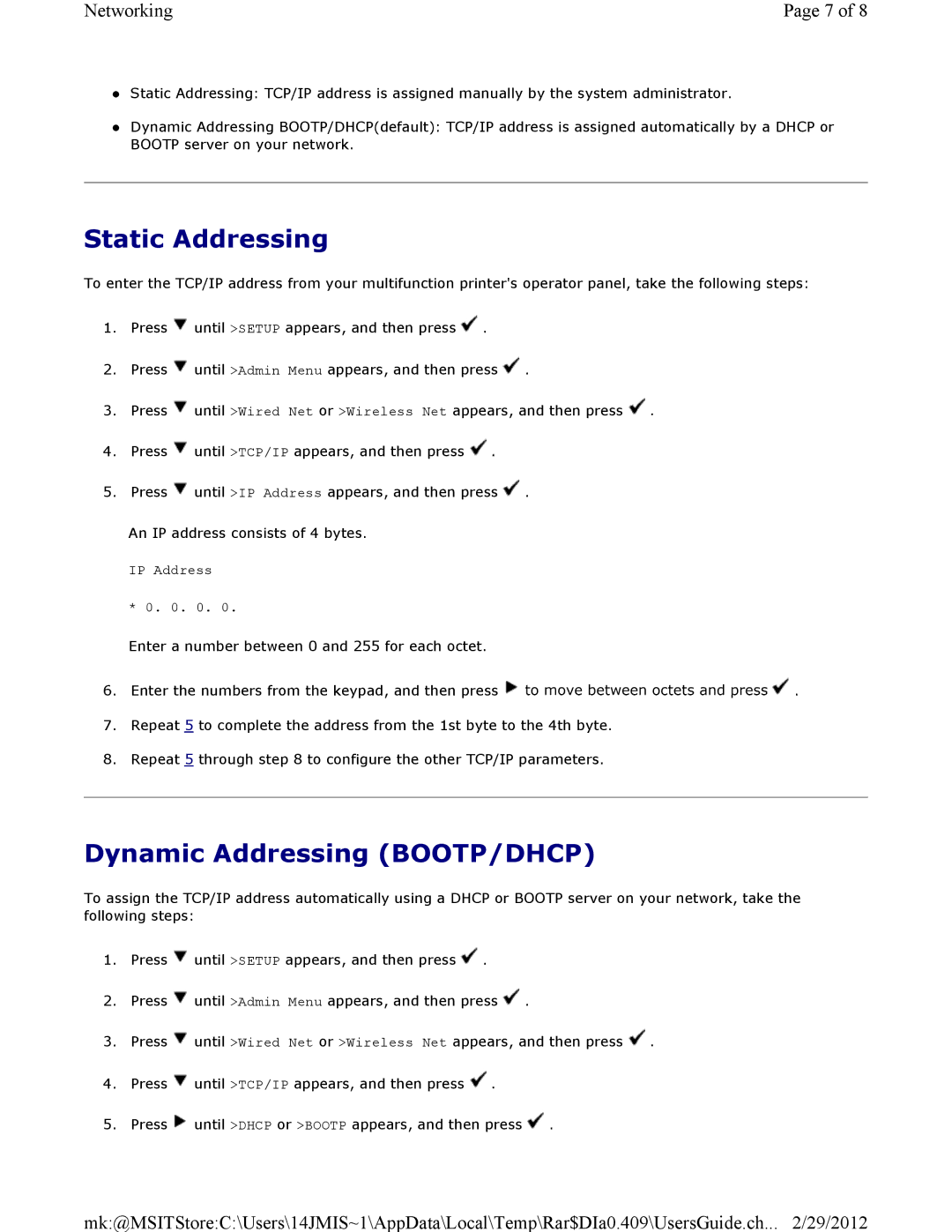 Dell 3115CN manual Static Addressing, Dynamic Addressing BOOTP/DHCP 