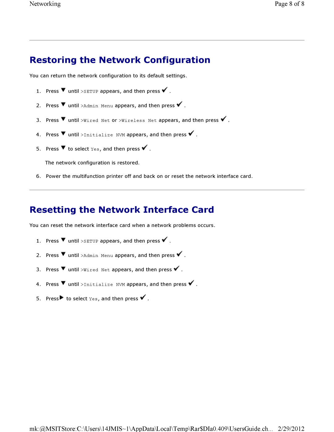 Dell 3115CN manual Restoring the Network Configuration, Resetting the Network Interface Card 