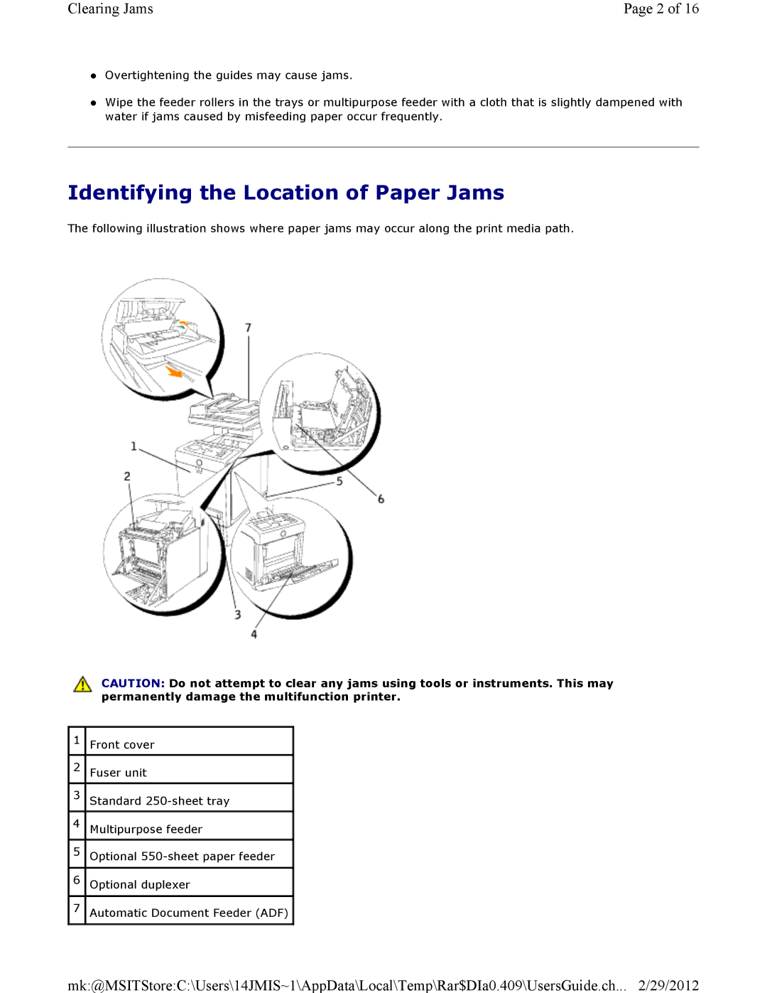 Dell 3115CN manual Identifying the Location of Paper Jams 