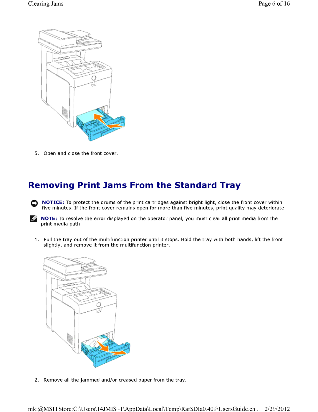 Dell 3115CN manual Removing Print Jams From the Standard Tray 