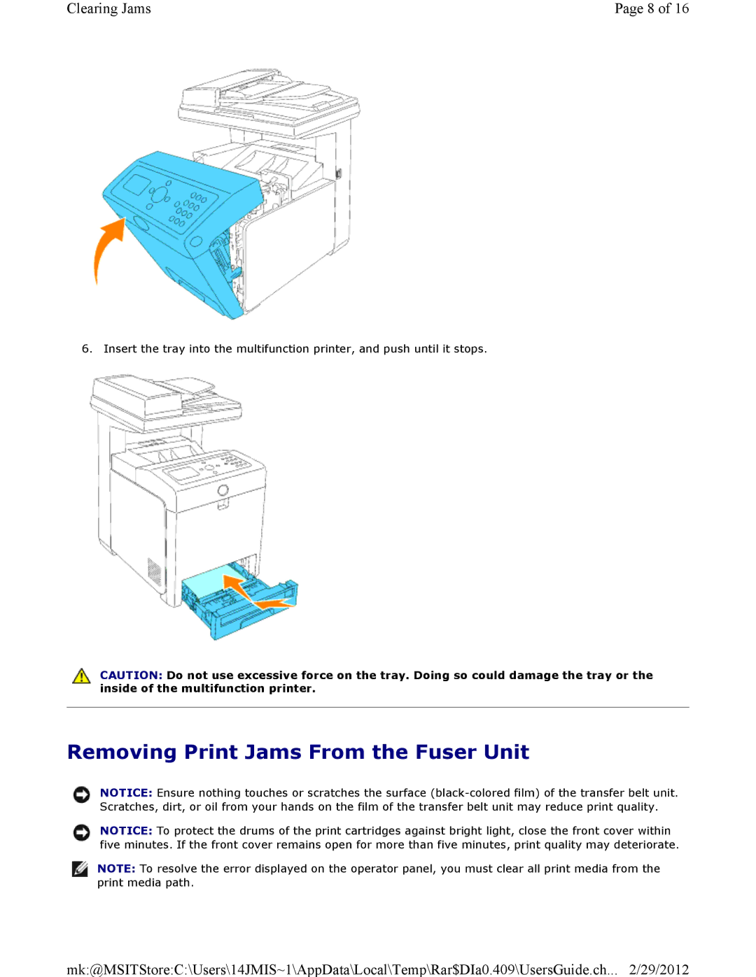 Dell 3115CN manual Removing Print Jams From the Fuser Unit 