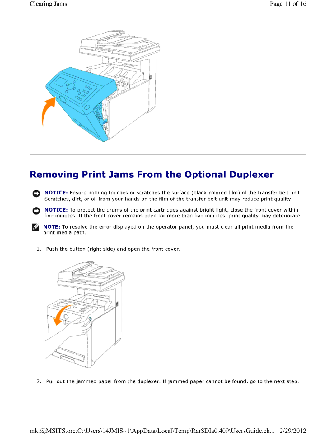 Dell 3115CN manual Removing Print Jams From the Optional Duplexer 