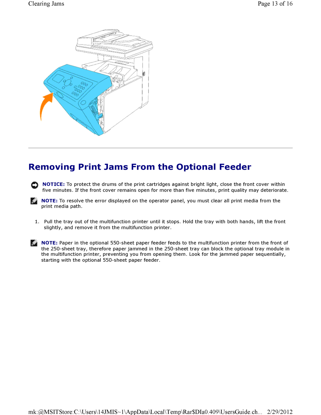 Dell 3115CN manual Removing Print Jams From the Optional Feeder 