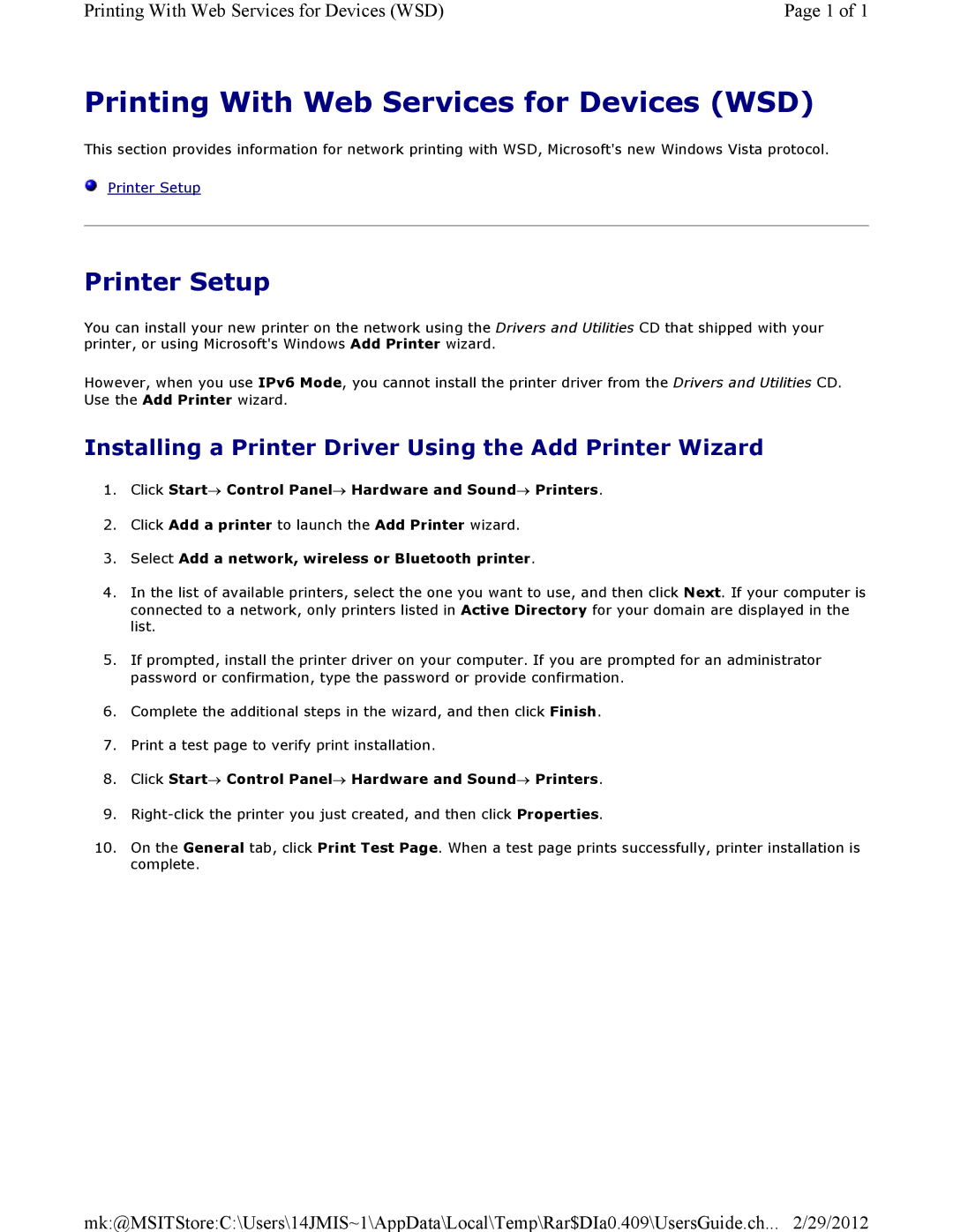 Dell 3115CN manual Printing With Web Services for Devices WSD, Printer Setup 