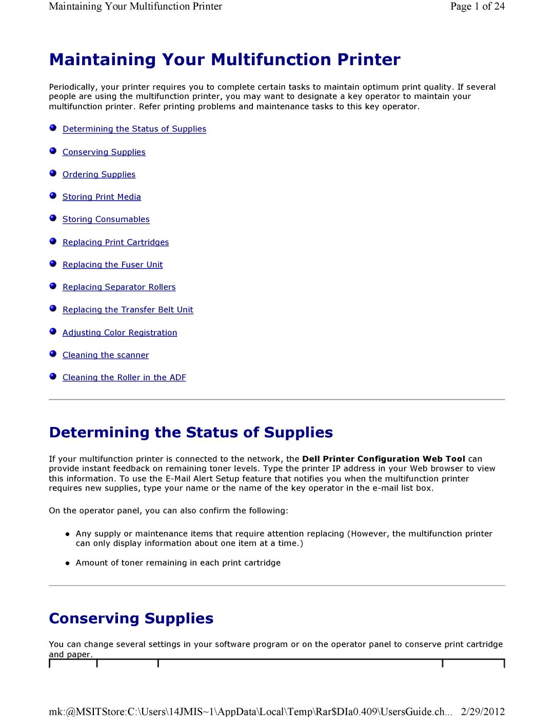 Dell 3115CN manual Maintaining Your Multifunction Printer, Determining the Status of Supplies, Conserving Supplies 