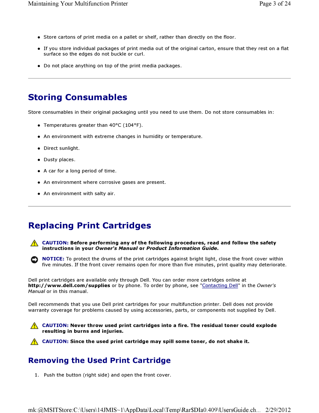 Dell 3115CN manual Storing Consumables, Replacing Print Cartridges, Removing the Used Print Cartridge 