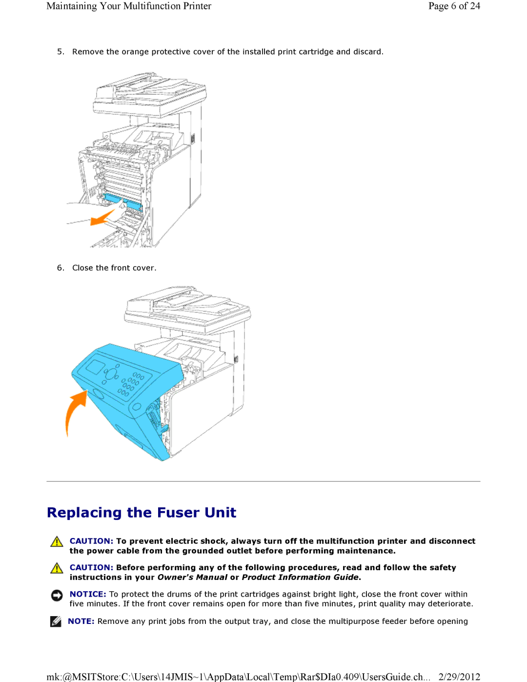 Dell 3115CN manual Replacing the Fuser Unit 