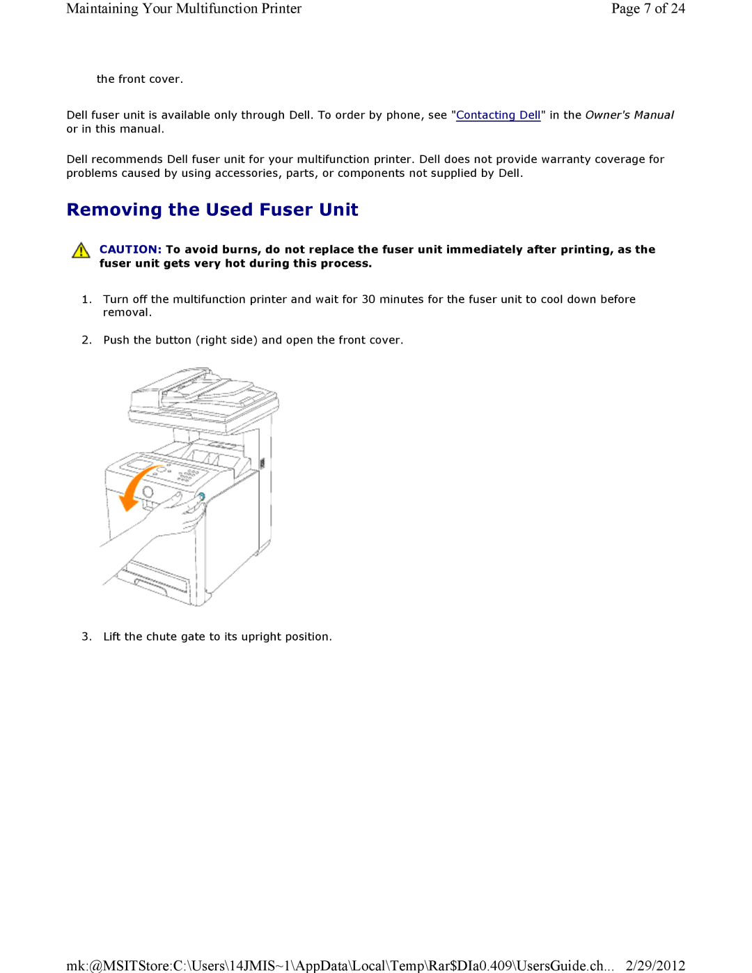 Dell 3115CN manual Removing the Used Fuser Unit 