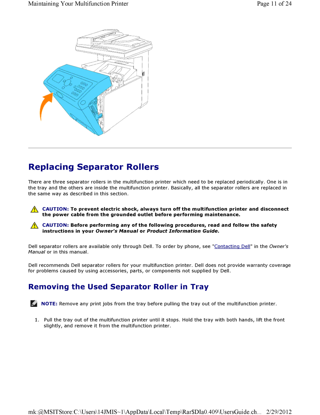 Dell 3115CN manual Replacing Separator Rollers, Removing the Used Separator Roller in Tray 