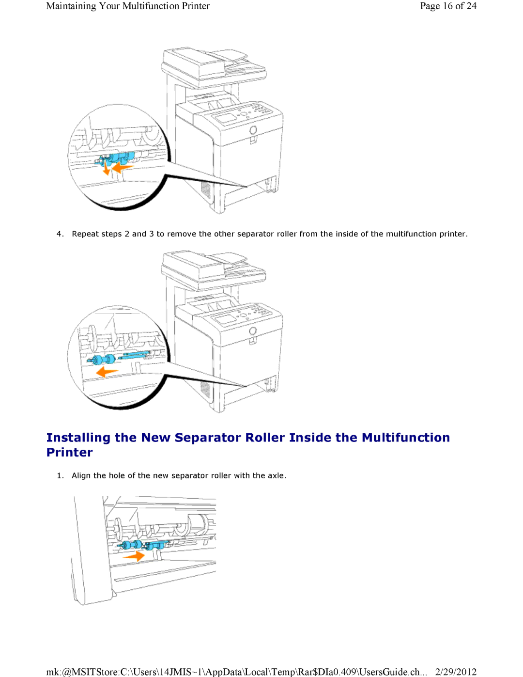 Dell 3115CN manual Align the hole of the new separator roller with the axle 