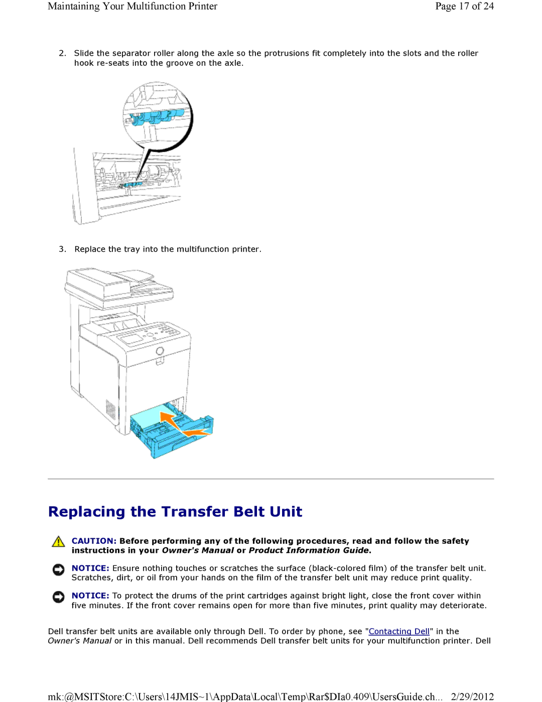 Dell 3115CN manual Replacing the Transfer Belt Unit 