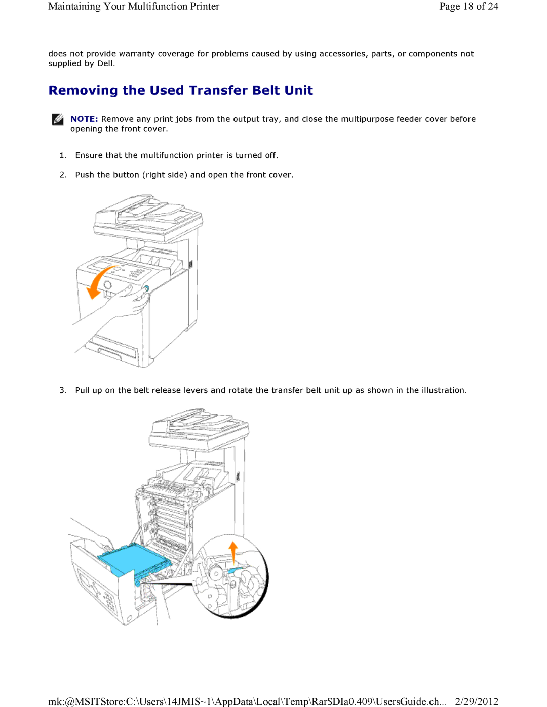 Dell 3115CN manual Removing the Used Transfer Belt Unit 