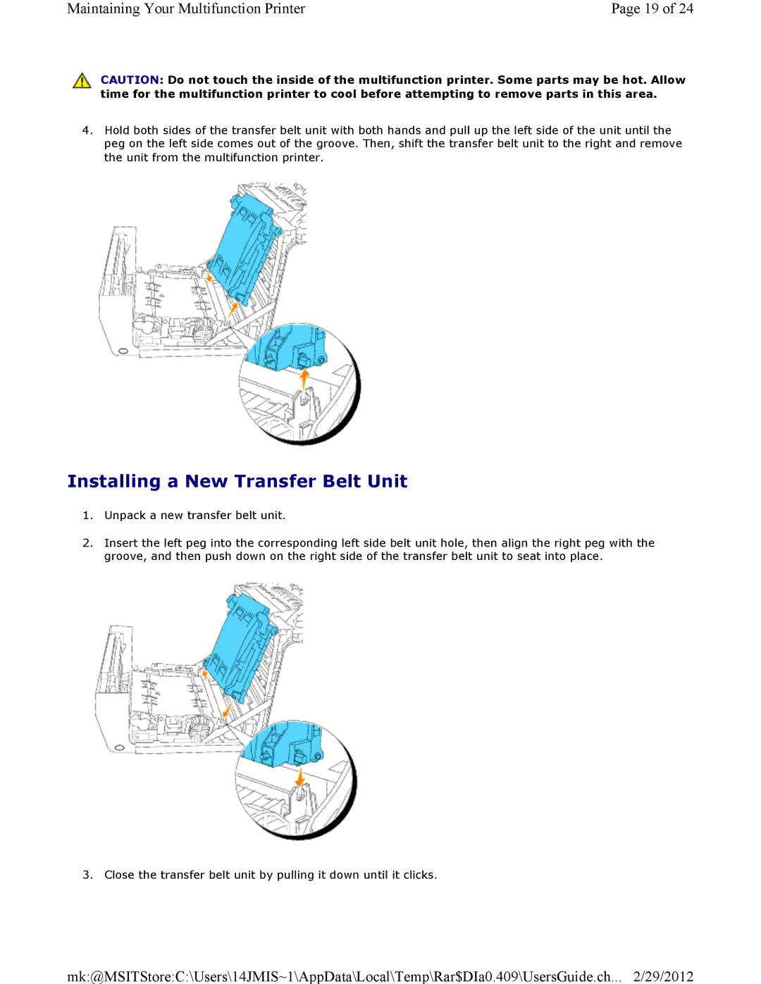 Dell 3115CN manual Installing a New Transfer Belt Unit 