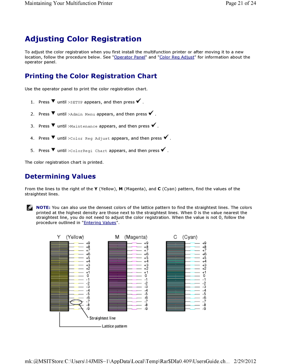 Dell 3115CN manual Adjusting Color Registration, Printing the Color Registration Chart, Determining Values 