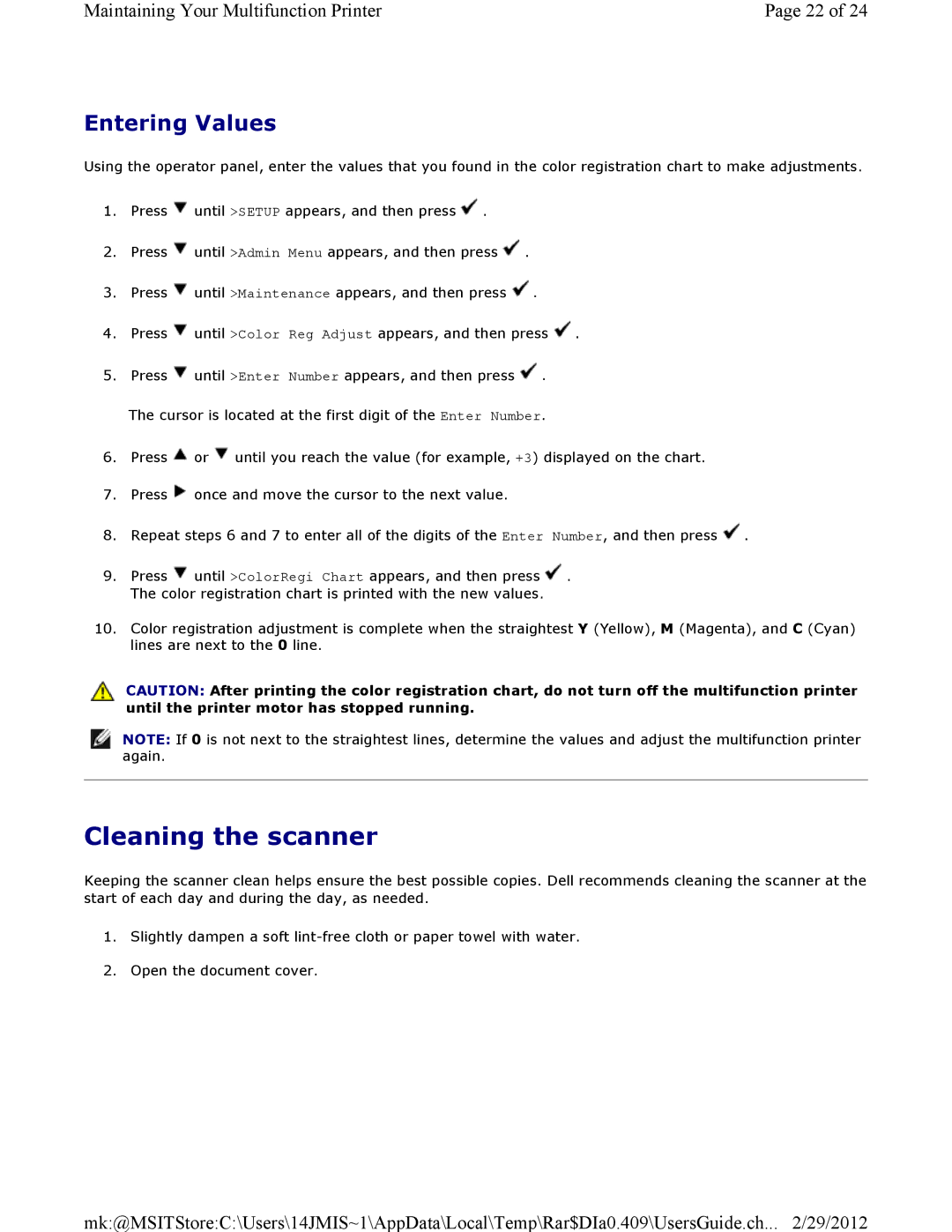 Dell 3115CN manual Cleaning the scanner, Entering Values 