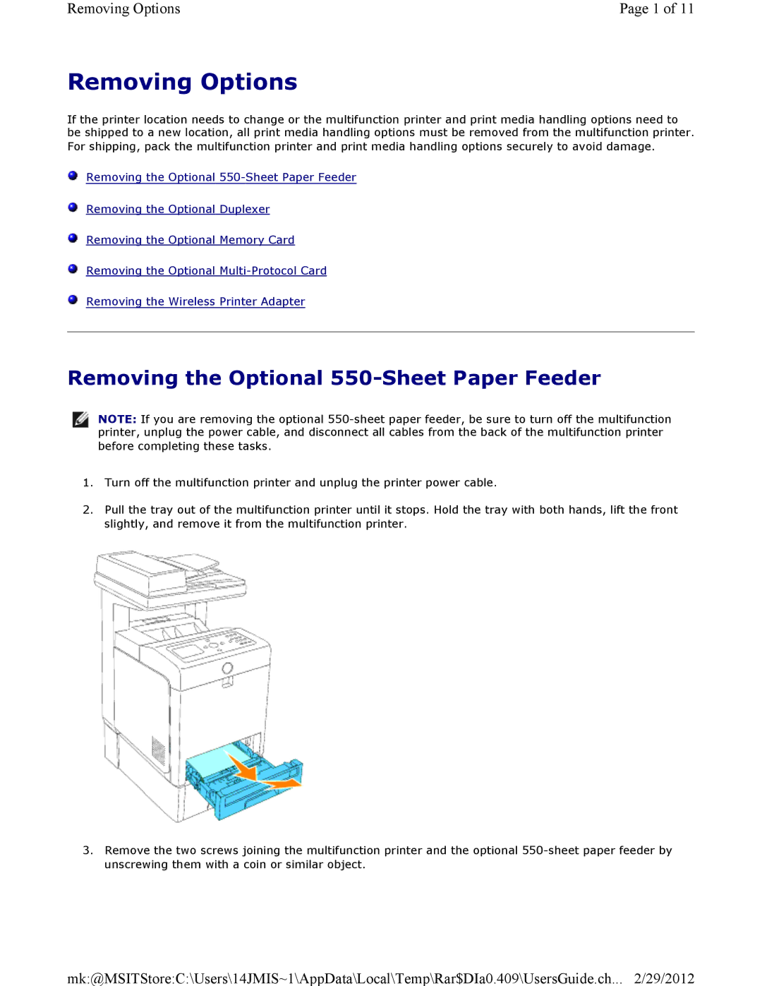 Dell 3115CN manual Removing Options, Removing the Optional 550-Sheet Paper Feeder 