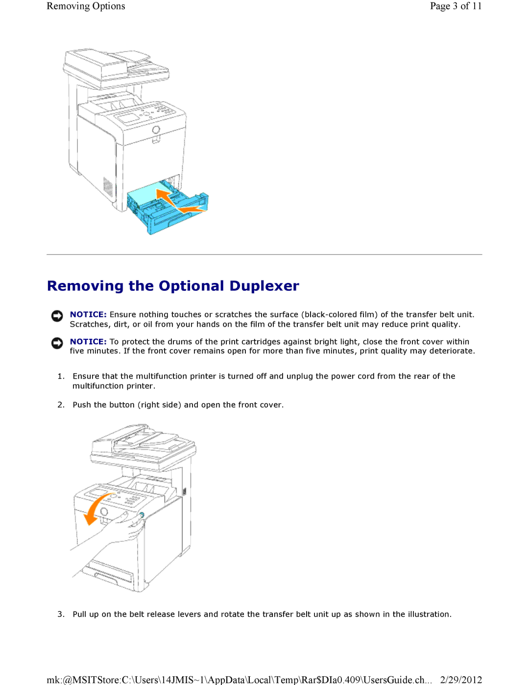 Dell 3115CN manual Removing the Optional Duplexer 