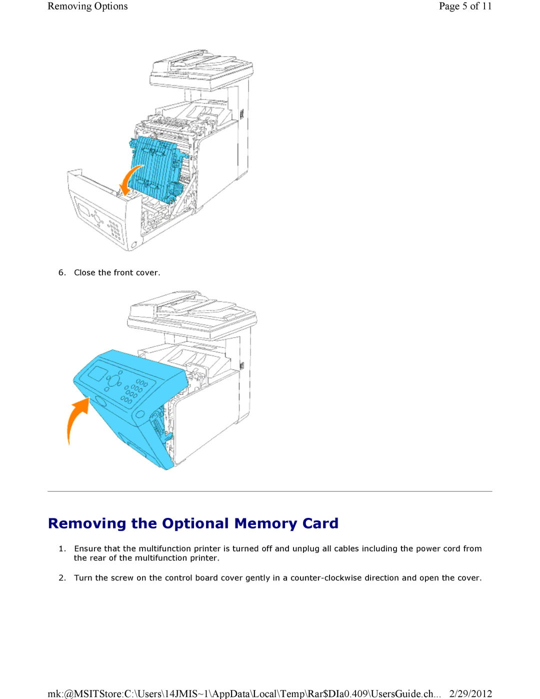 Dell 3115CN manual Removing the Optional Memory Card 