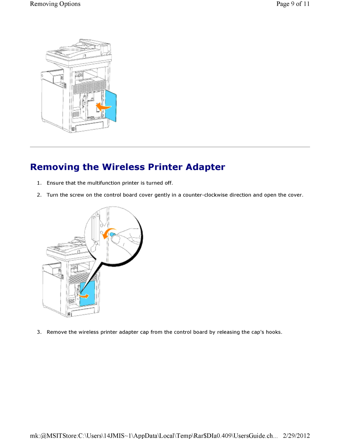 Dell 3115CN manual Removing the Wireless Printer Adapter 